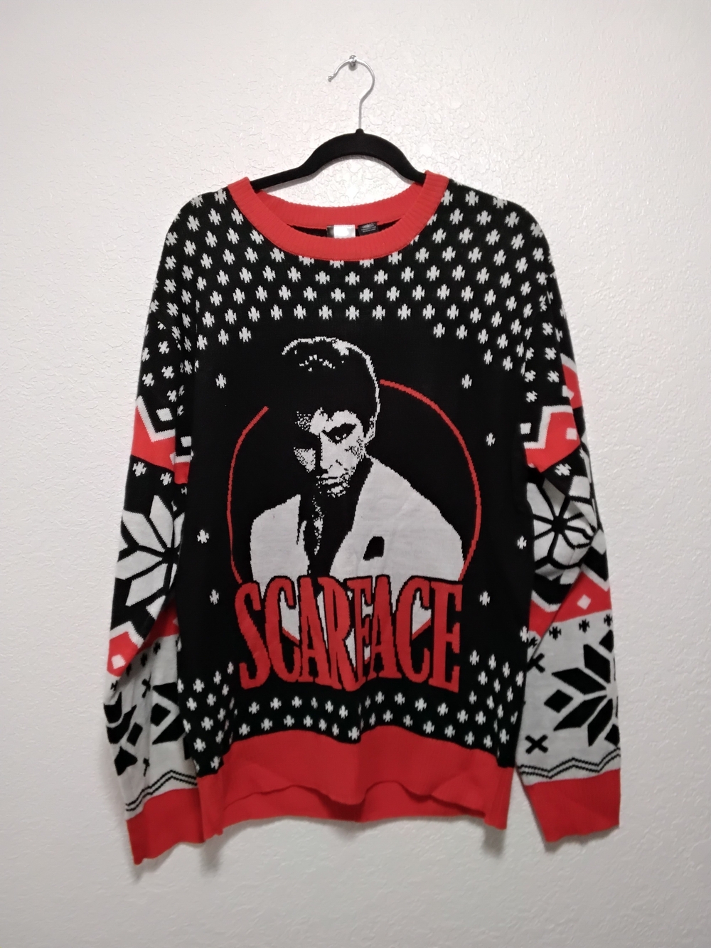 Ugly Christmas Scarface Graphic Men's Sweater - Black, Red & White Size Medium